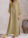 Chicmy- Loose Casual Solid Color Crew Neck Long Sleeve Slit Maxi Dress