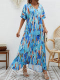 CHICMY-Graduation gift, graduation evening dress Printed High-Waisted Contrast Color Short Sleeves Loose V-neck Maxi Dresses