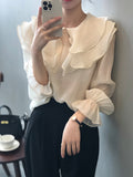 Chicmy-Urban Loose Puff Sleeves Falbala Solid Color Blouse