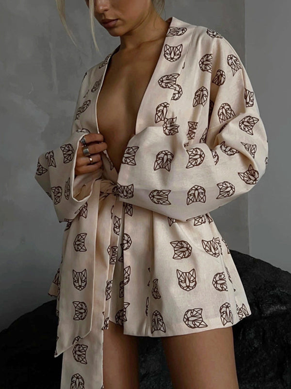 Chicmy- Loose  Printed  Long Sleeves Tied Waist Robes + High-Waisted Short Bottom Robes Pajama Sets