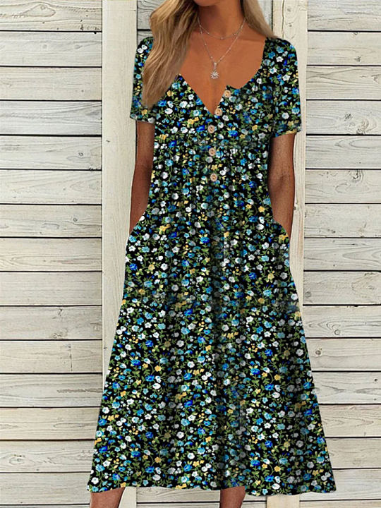Chicmy- Round Neck Casual Loose Floral Print Short Sleeve Midi Dress