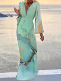 Chicmy- Casual Marble Print V Neck Long Sleeve Maxi Dress