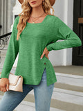 Chicmy-Asymmetric Buttoned Solid Color Split-side Long Sleeves Loose Square-neck T-Shirts Tops