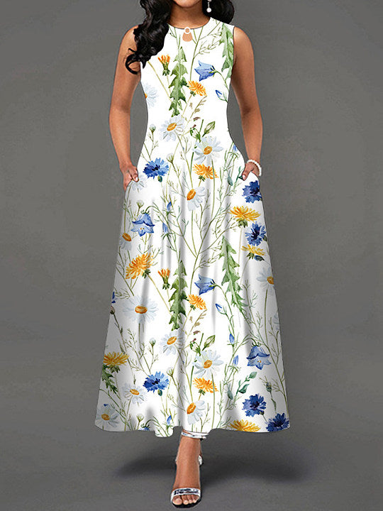 Chicmy- Casual Floral Print Crew Neck Sleeveless Maxi Dress