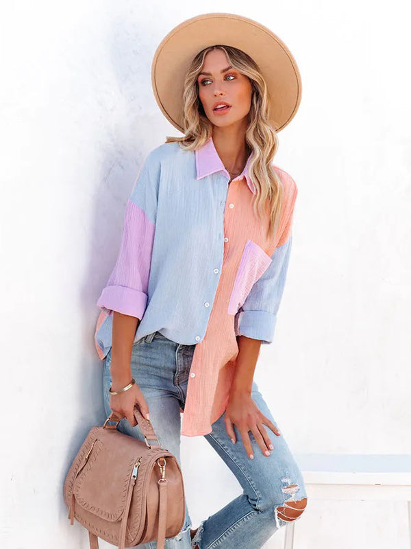 Chicmy-Casual Long Sleeves Contrast Color Split-Joint Lapel Blouses
