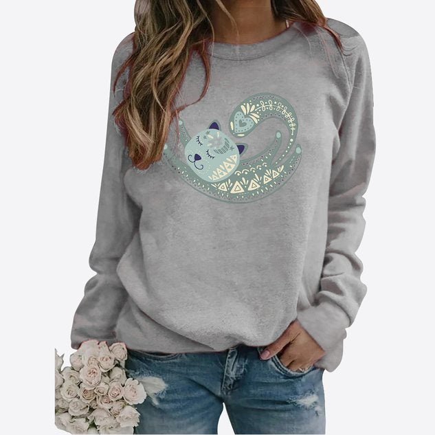 ChicmyCasual Paisley Cat Pattern Long Sleeve Pullover Sweatshirt Everyday Versatile Women's Clothing