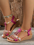 ChicmyWomen Rhinestone Floral Print Braided Ankle Strap Wedge Sandals