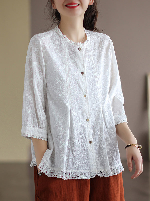Chicmy-Loose Artistic Retro Embroidered Solid Color Falbala Blouse