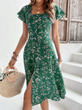 Chicmy Elegant Regular Fit Ruffled Sleeves Floral Square Neck Dress