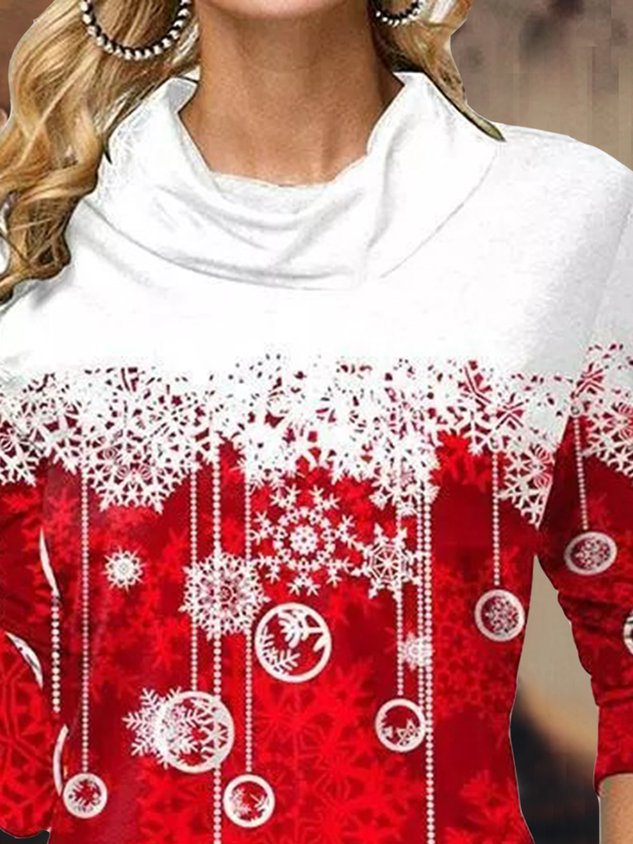 ChicmyWomen's Red Long Sleeve turtleneck Tops Christmas Snowflake Print