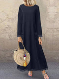 Chicmy- Casual Solid Color Stitching Round Neck Long Sleeve Maxi Dress