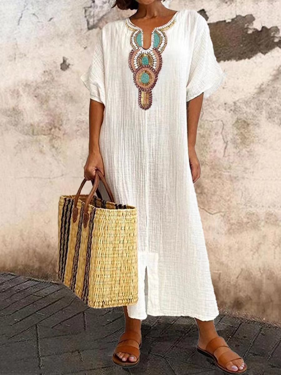 Chicmy- V-neck Casual Loose Retro Ethnic Print Short-sleeved Maxi Dress