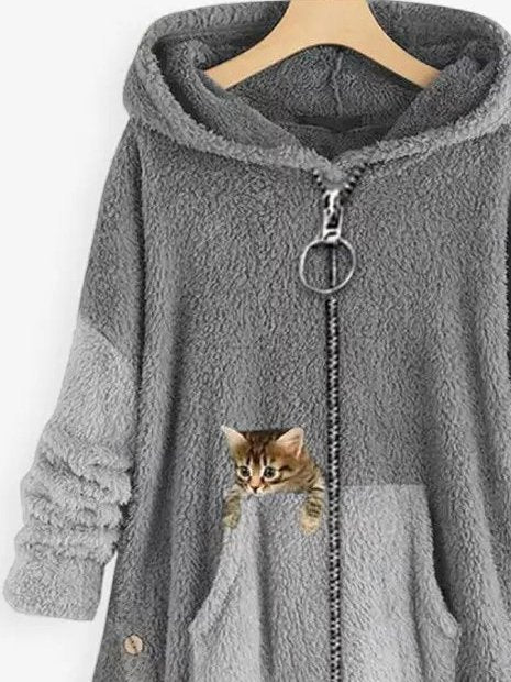 ChicmyWomen Color Block Fluff/Granular Fleece Fabric Cat Zipper Hooded Coat