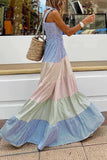 CHICMY-Women's Spring and Summer Outfits, Casual and Fashionable Colorblock Striped Straps Smocked Maxi Dress