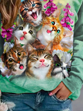 ChicmyCasual Cat Crew Neck Loose Floral Sweatshirt