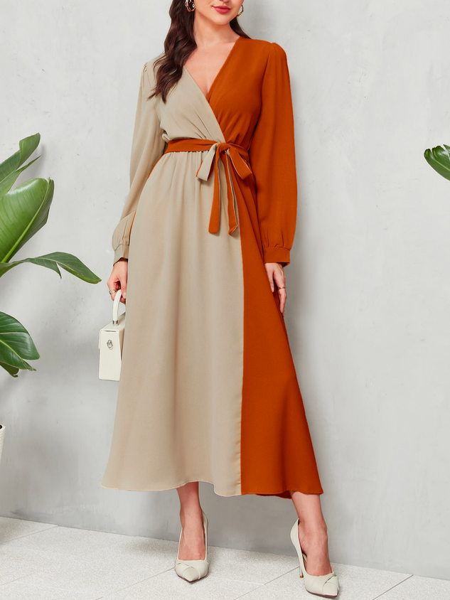 ChicmyV Neck Casual Two Tone Surplice Neck Lantern Sleeve Belted Dress