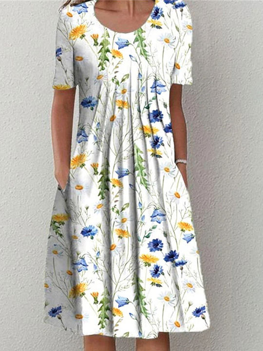 Chicmy- Round Neck Casual Loose Floral Print Short Sleeve Midi Dress
