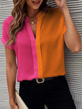Chicmy-Short Sleeves Contrast Color Split-Joint V-Neck Blouses&Shirts Tops