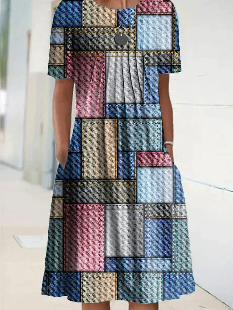 Chicmy- Round Neck Casual Loose Geometric Print Short Sleeve Midi Dress