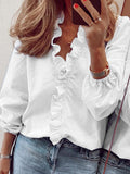 Chicmy-Puff Sleeves Falbala Solid Color V-Neck Blouses