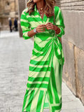 Chicmy-Asymmetric Knot Printed Striped High Waisted Long Sleeves Lapel Maxi Dresses
