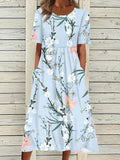 Chicmy- Round Neck Casual Loose Floral Print Vacation Short Sleeve Midi Dress