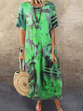 Chicmy- Loose Vintage Print Crew Neck Short Sleeve Maxi Dress