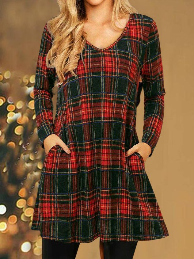 Chicmy Women Christmas Plaid Print Loose Holiday Knee-Length V-Neck Sexy Dress