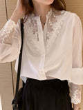 Chicmy-Urban Black White Lace Split-Joint Hollow Blouse