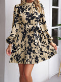 CHICMY-Graduation gift, graduation evening dress Tied Waist Pleated Flower Print Loose Long Sleeves Mock Neck Mini Dresses