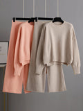 Chicmy-Stylish Loose High-Low Long Sleeves Solid Color Round-Neck Sweater Tops& Wide Leg Pants Two Pieces Set