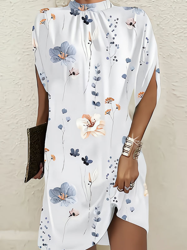 Chicmy-Flower Print Batwing Sleeves Loose Round-Neck Mini Dresses