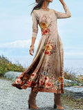 Chicmy- Oil Painting Floral Print Round Neck Long Sleeve    Skater Dresses