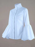 Chicmy-Urban Solid Color Stand Collar Puff Sleeves Blouse