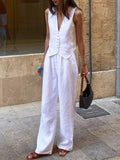 Chicmy-Solid Color Buttoned Deep V-Neck Sleeveless  Vest Top + Pleated Straight Leg Pants Bottom Two Pieces Set