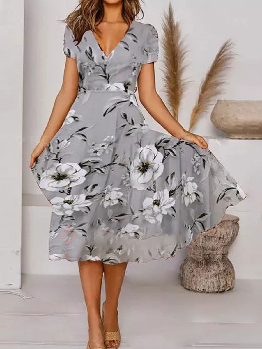 Chicmy- V-neck Casual Loose Floral Print Resort Short Sleeve Midi Dress
