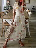 Chicmy- Casual Loose V-Neck Printed Short Sleeve Maxi Dress