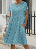 Chicmy- Short Sleeve Round Neck Pocket Polka Dot Short Dress