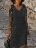 Chicmy- Lace V-neck Cotton Linen Short Dress