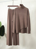 Chicmy-Casual Solid Color Irregularity High-Neck Sweater& Wide Leg Pants Suits