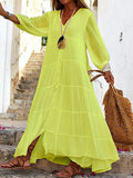 Chicmy- V-Neck Casual Loose Solid Color Vacation Long Sleeve Maxi Dress