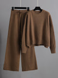 Chicmy-Stylish Loose High-Low Long Sleeves Solid Color Round-Neck Sweater Tops& Wide Leg Pants Two Pieces Set