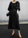 Chicmy-Original Casual Loose Solid Color Pleated Puff Sleeves Midi Dress