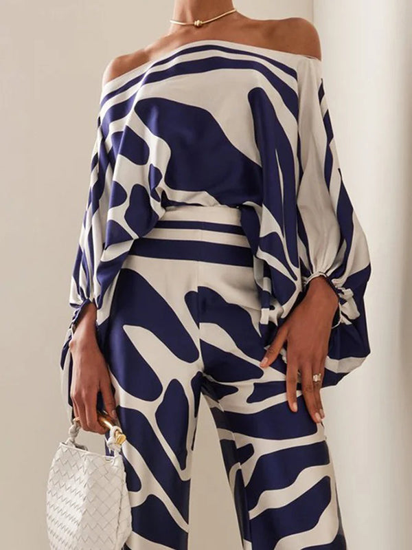 Chicmy-Printed Off-The-Shoulder Top + Wide Leg  Pants Two Pieces Set