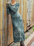Chicmy- Round Neck Casual Vintage Print Long Sleeve Maxi Dress