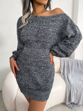 Chicmy-Heathered Boat Neck Lantern Sleeve Sweater Dress