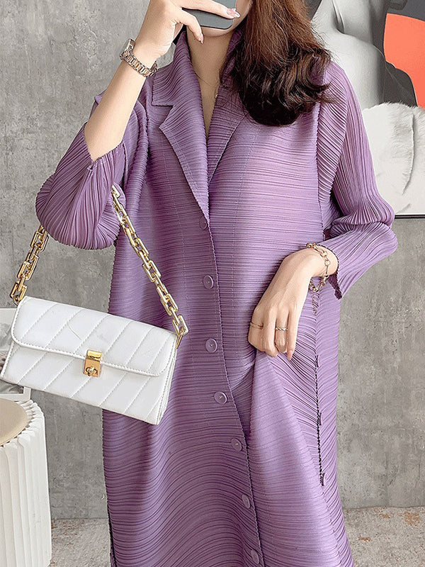 Chicmy-Fashion Solid Color Pleated Long Sleeves Shirt Dress Midi Dress