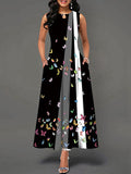 Chicmy- Round Neck Casual Loose Floral Print Sleeveless Maxi Dress