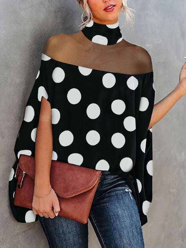 Chicmy-Trendy Batwing Sleeves Polka-Dot See-Through High-Neck Blouses&Shirts Tops