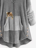 ChicmyWomen Color Block Fluff/Granular Fleece Fabric Cat Zipper Hooded Coat